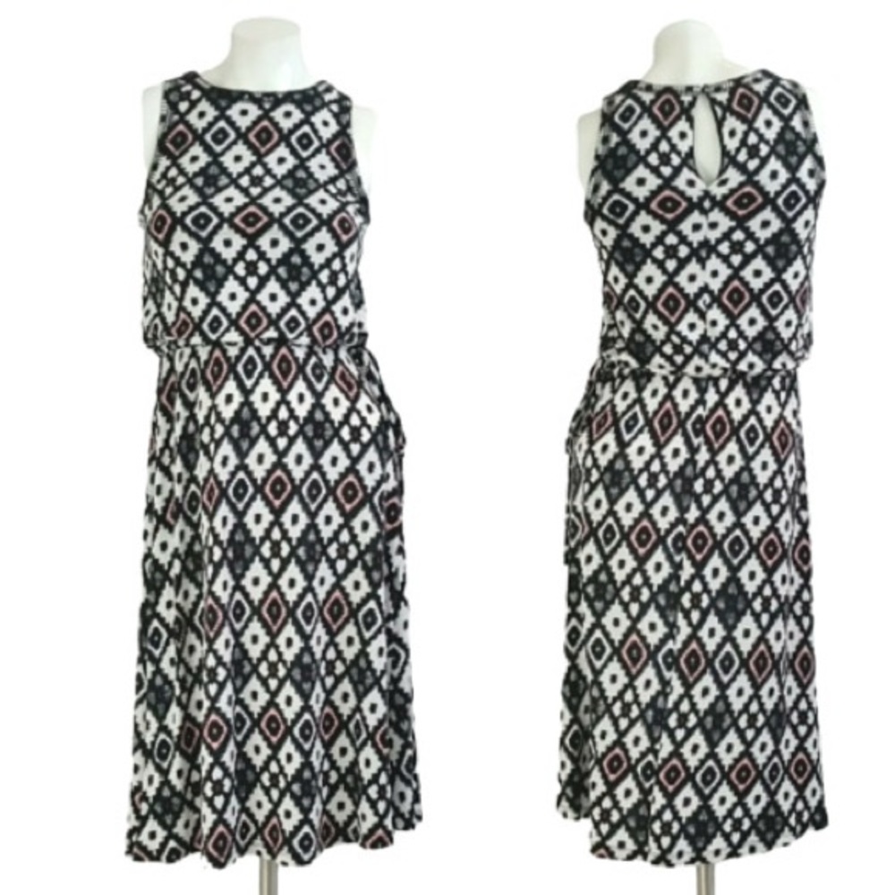LOFT Black & White Diamond Print Midi Dress